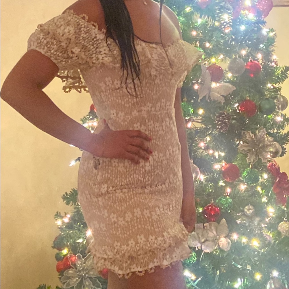 BOBBY BARDOT NECKLINE FLORAL LACE OVERLAY DRESS BEIGE